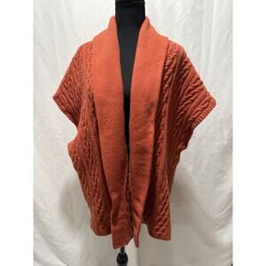Lands End Lambs Wool Lagenlook Burnt Orange Cardigan Cable Sweater 3 XL Open